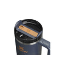 Blue Stanley travel mug with a brown handle on a white background