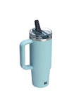 Light blue insulated mug with handle and straw lid on a white background