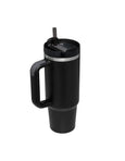 Black insulated mug with handle and straw lid on a white background
