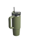 Green insulated tumbler with handle and straw on a white background