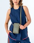 Elms  & King Sullivan phone bag has a top zipper and features a cotton webbing crossbody strap adjustable to 140cm available from www.thecollectivenz.com