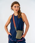 Elms  & King Sullivan phone bag has a top zipper and features a cotton webbing crossbody strap adjustable to 140cm available from www.thecollectivenz.com