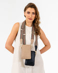 Elms  & King Sullivan phone bag has a top zipper and features a cotton webbing crossbody strap adjustable to 140cm available from www.thecollectivenz.com