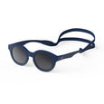 Blue sunglasses with a strap on a white background