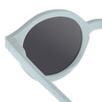 Sunglasses with a light blue frame and dark lenses on a white background