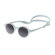 Light blue sunglasses with dark lenses on a white background