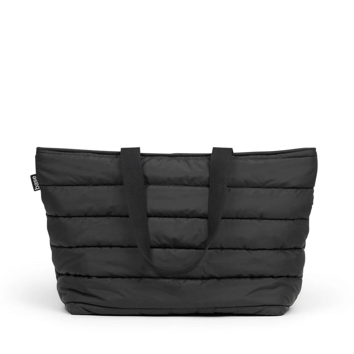 Black puffer tote bag on a white background