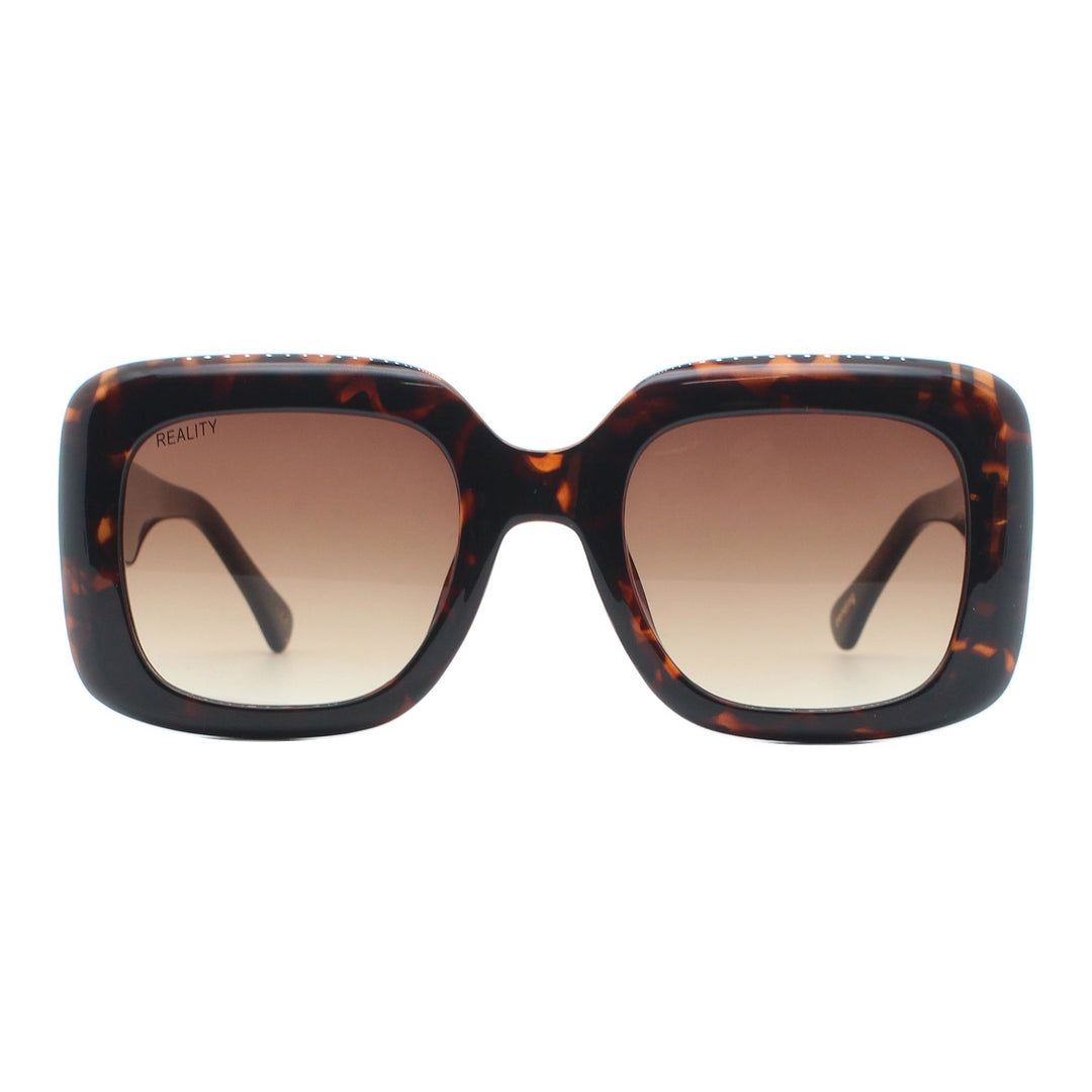 A pair of square sunglasses with a dark brown and black tortoiseshell frame and gradient brown lenses, shown against a plain white background.