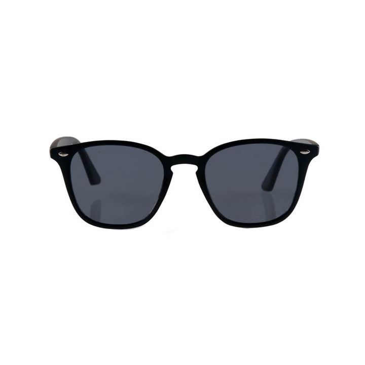 Black sunglasses with dark gray lenses and small gold metal accents on the temples, shown against a plain white background.