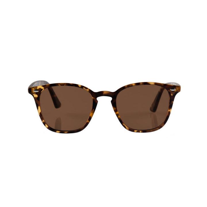 Tortoiseshell sunglasses with brown lenses, shown from a front-facing perspective on a solid white background.