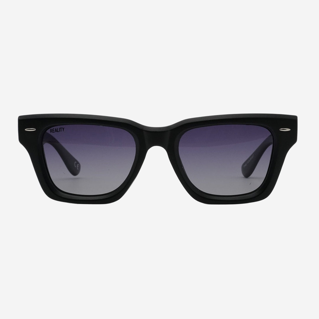 Black square sunglasses with gradient purple lenses, shown against a light gray background.