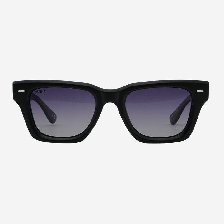 Black square sunglasses with gradient purple lenses, shown against a light gray background.