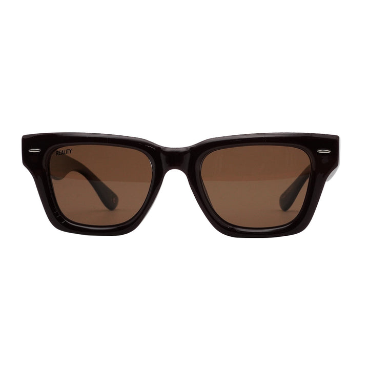 A pair of square-frame sunglasses with a glossy black acetate frame and brown tinted lenses, shown against a plain white background.