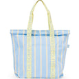 Blue and yellow striped tote bag with 'The Somewhere Co.' branding on a white background