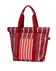 Red and white striped tote bag on a white background