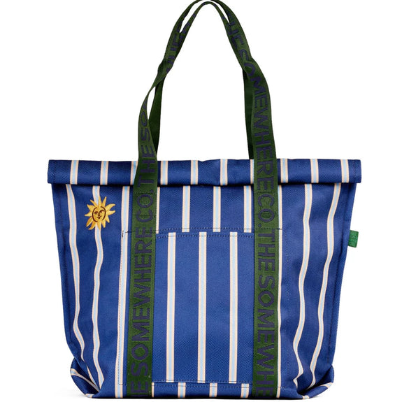 Blue and white striped tote bag with green accents on a white background