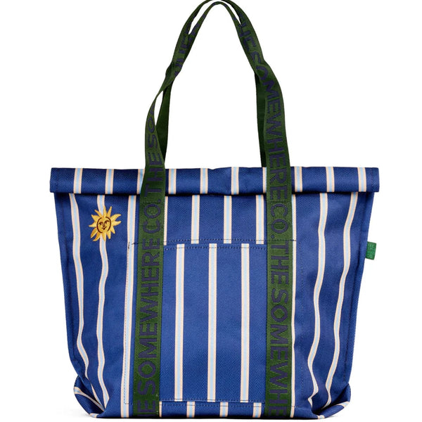 Blue and white striped tote bag with green accents on a white background
