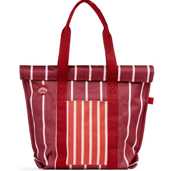 Red and white striped tote bag on a white background