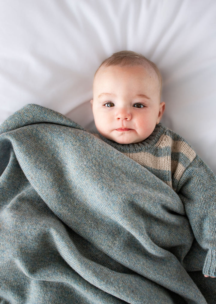 100% Wool Knit Baby Blanket - Stone Blue