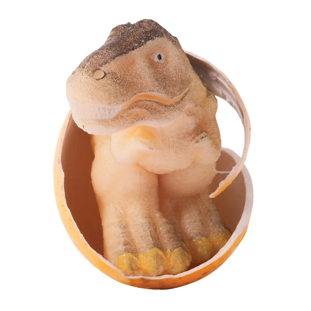 Plush dinosaur toy inside a small wooden box on a white background