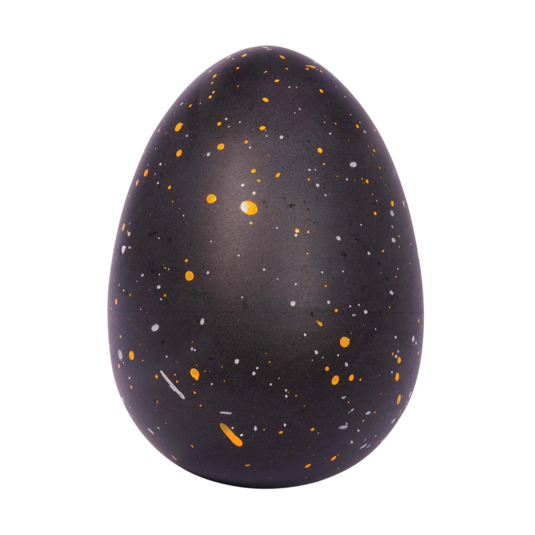 Black egg-shaped object with speckled pattern on a white background
