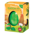 Dinosaur hatch kit packaging with a green egg and volcano design on a yellow background