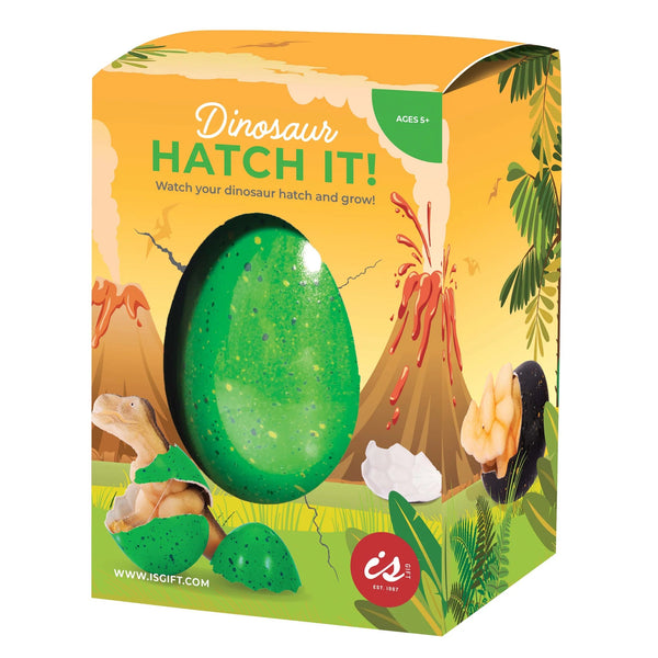 Dinosaur hatch kit packaging with a green egg and volcano design on a yellow background