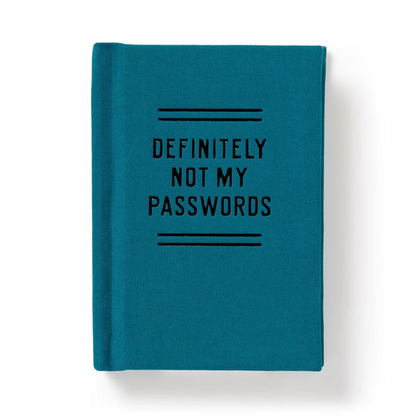 Teal notebook with 'DEFINITELY NOT MY PASSWORDS' text on a white background