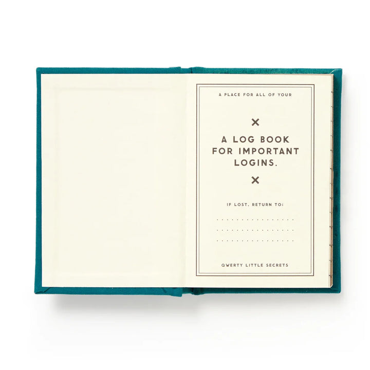 Open notebook with teal cover and white interior page displaying text and a small table.