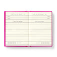 Notebook with pink border and lined pages on a white background
