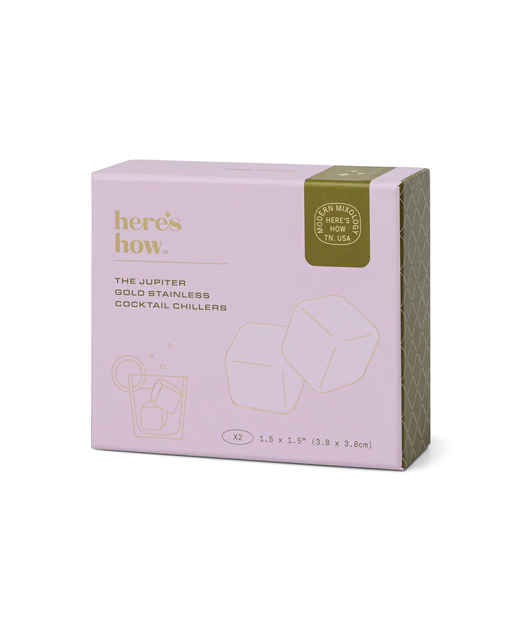 Box of 'here's how.' cocktail chillers with a pink label and green accent on a white background