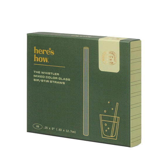 Green box of 'here's how' sip and stir straws with gold text and illustrations on a white background.