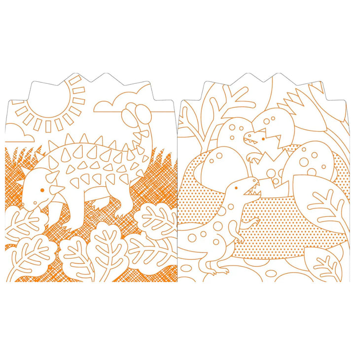 Two decorative paper bags with dinosaur illustrations on a white background
