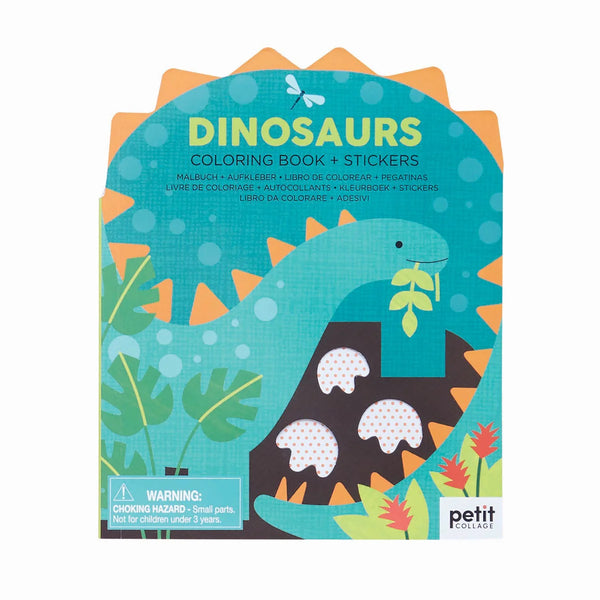 Coloring book and stickers set with dinosaur design on a white background
