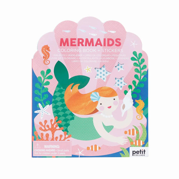 Packaging of a mermaid-themed coloring book and stickers set by Petit Collage.