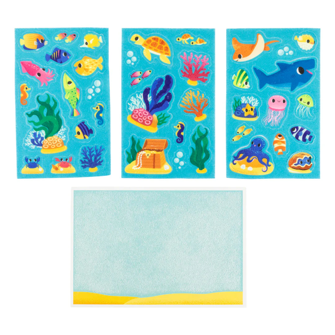 Set of ocean-themed stickers with fish, turtles, and coral on blue backgrounds.
