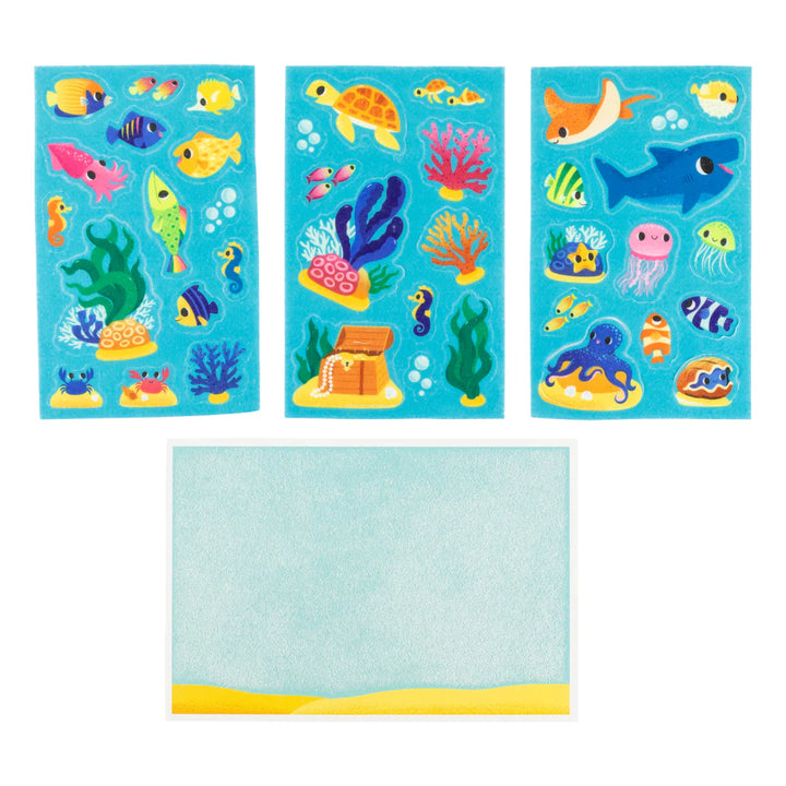 Set of ocean-themed stickers with fish, turtles, and coral on blue backgrounds.