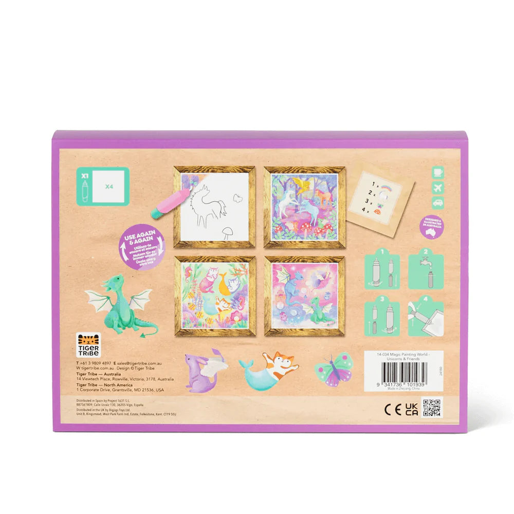 Product packaging with illustrations of animals and stationery items on a white background