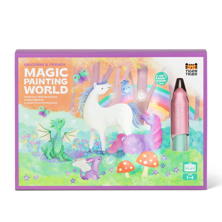 Unicorn-themed magic painting set with markers on a white background