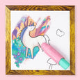 Framed artwork with a unicorn and handprint on a pink background, featuring a pink marker.