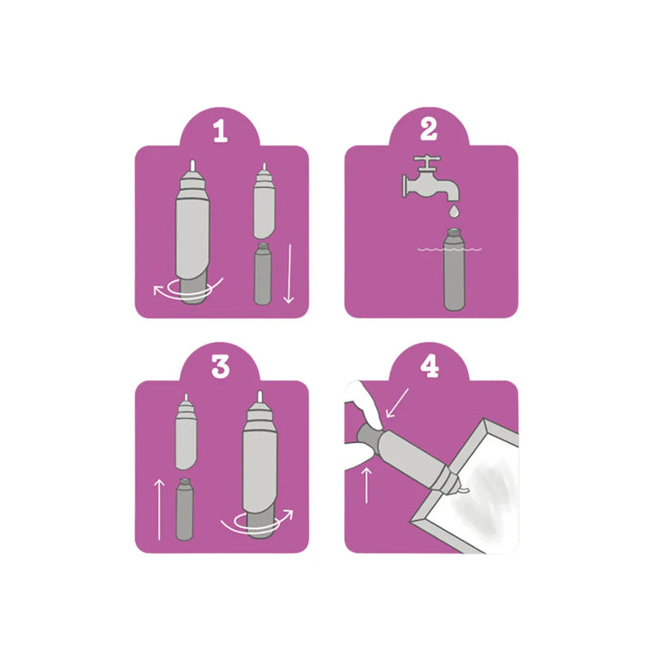 Step-by-step instructions for using a device on a purple background