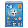 Toy packaging with a blue background featuring a glider and rocket model, and text about flight distance.