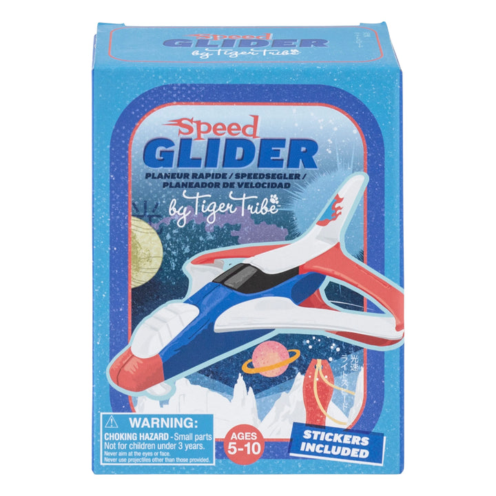 Speed Glider toy packaging with airplane illustration on a blue background