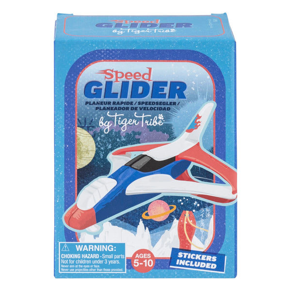 Speed Glider toy packaging with airplane illustration on a blue background