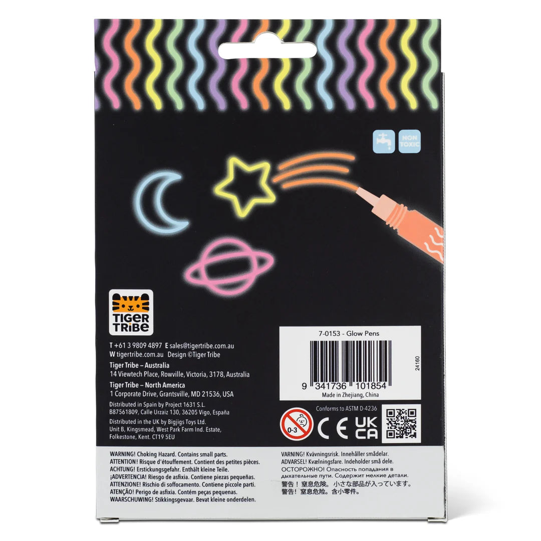 Glow pen packaging with colorful designs on a white background