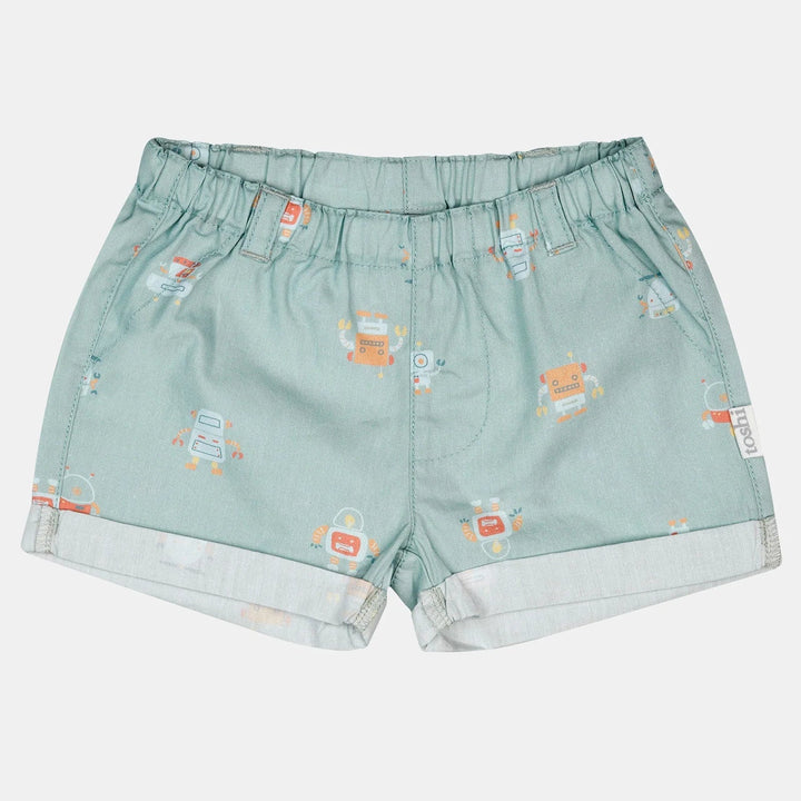 Light blue shorts with small graphic patterns on a white background