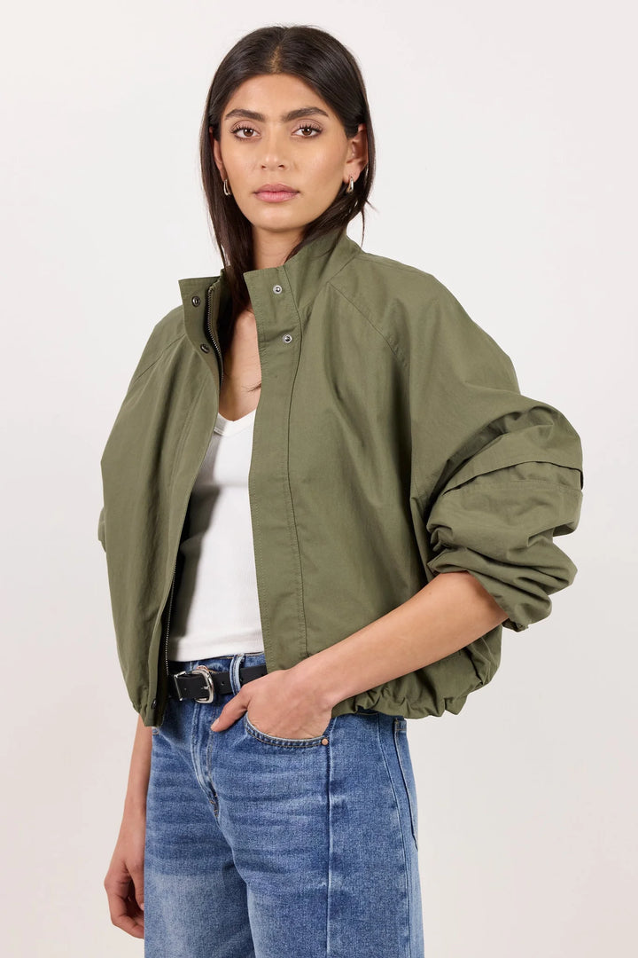 Trackside Khaki Funnel Neck  Bomber | Stories Be Told