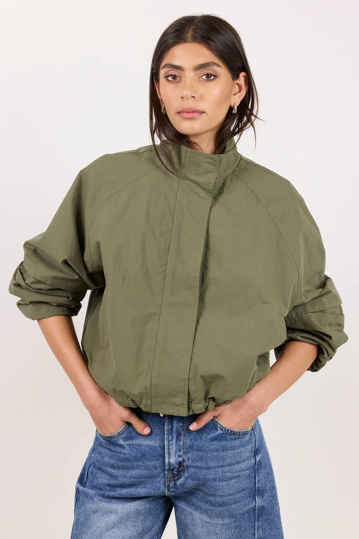 Trackside Khaki Funnel Neck  Bomber | Stories Be Told