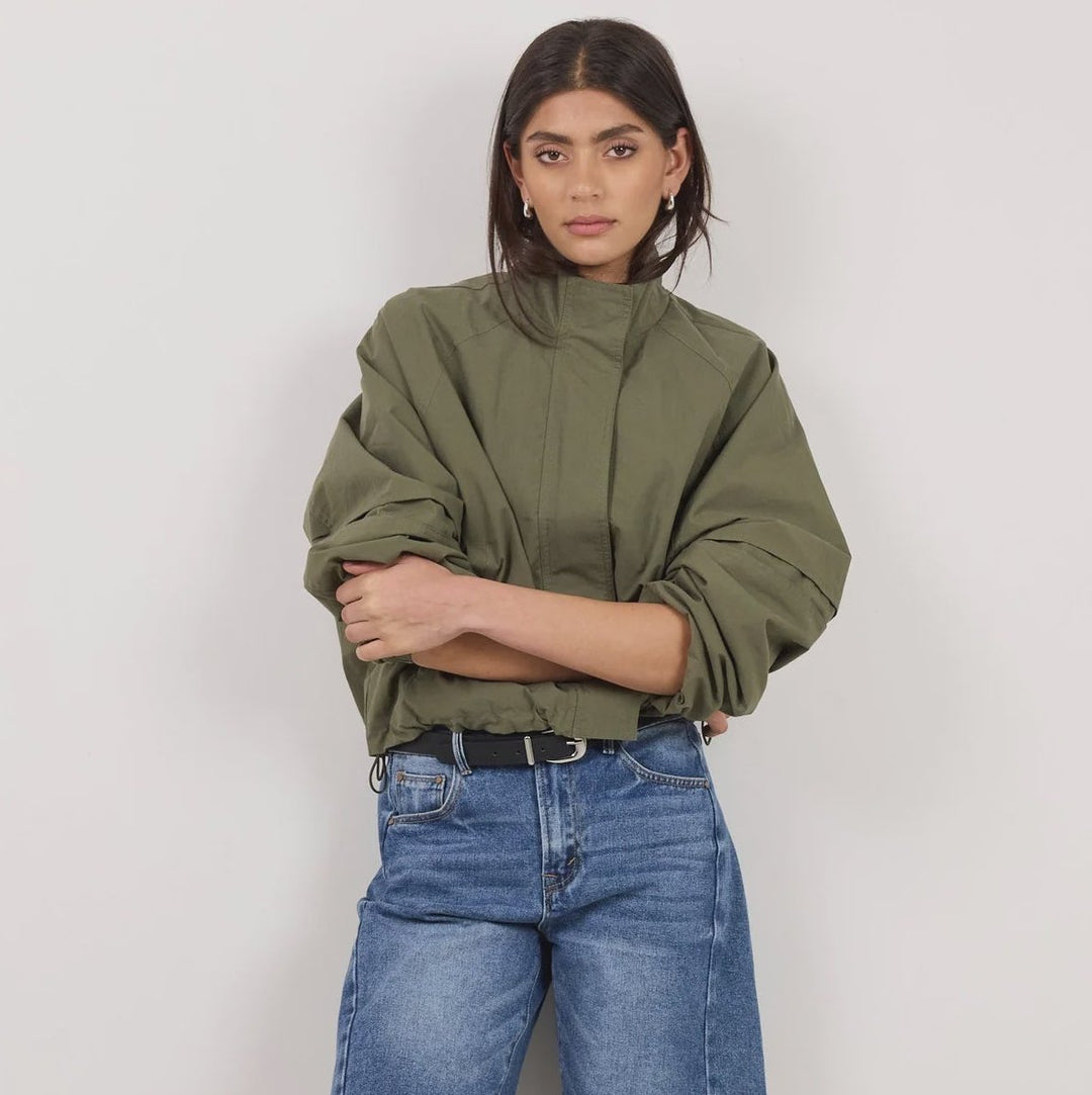 Trackside Khaki Funnel Neck  Bomber | Stories Be Told