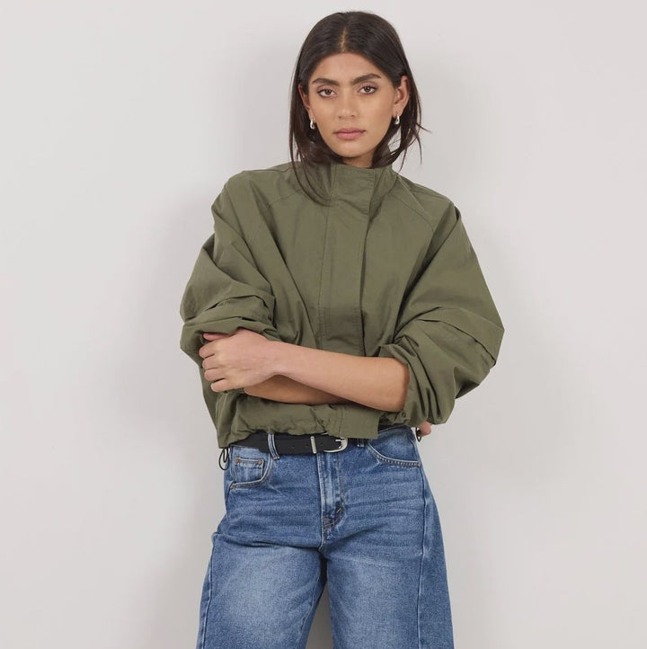 Trackside Khaki Funnel Neck  Bomber | Stories Be Told